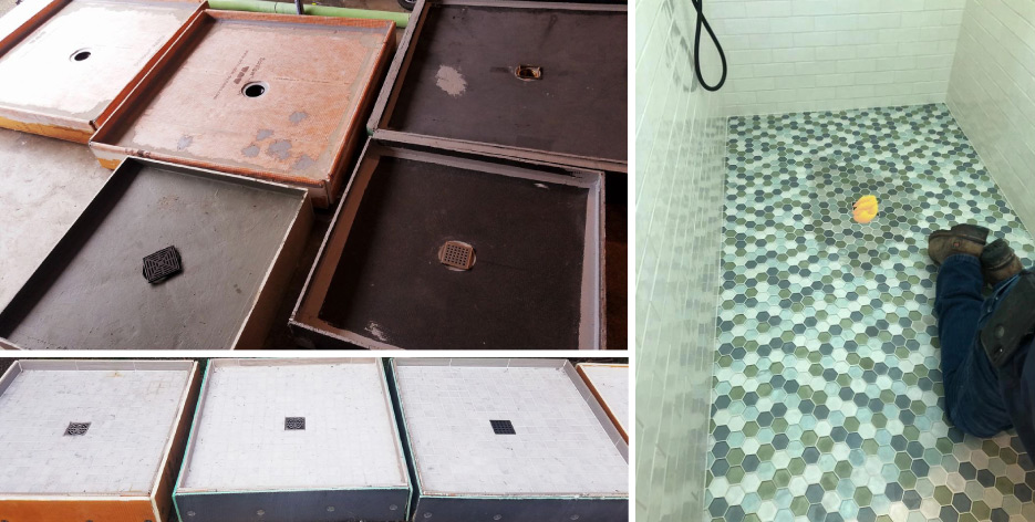 Above, top left: Ten Carrara marble shower floor modules were tested to determine cause – and prevention – of moisture discoloration. Above, bottom left: Only the modules installed with the “epoxy” method returned to the original light color after only two to three hours. Above, right: Trapped moisture under the translucent glass tile installed over a bonded membrane pan.