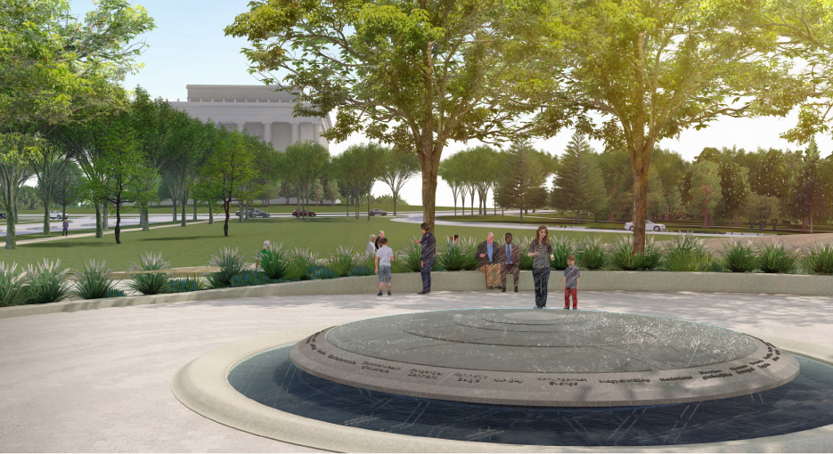 Architectural renderings of the proposed Desert Storm Veterans Memorial show a central granite monument within a spiraling installation. The low walls bear sculptures of soldiers.