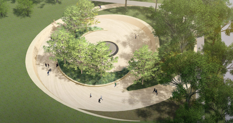 Architectural renderings of the proposed Desert Storm Veterans Memorial show a central granite monument within a spiraling installation. The low walls bear sculptures of soldiers.
