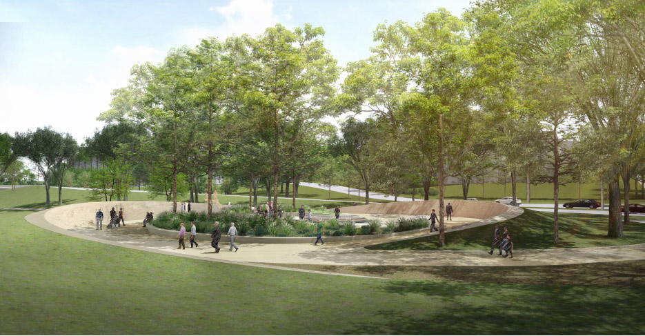 Architectural renderings of the proposed Desert Storm Veterans Memorial show a central granite monument within a spiraling installation. The low walls bear sculptures of soldiers.