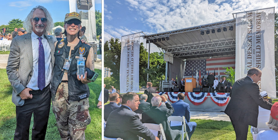 Left: Randy Schumacher with a Desert Storm veteran, attending the ground-breaking ceremony for the Desert Storm War Memorial (below), in Washington, DC.