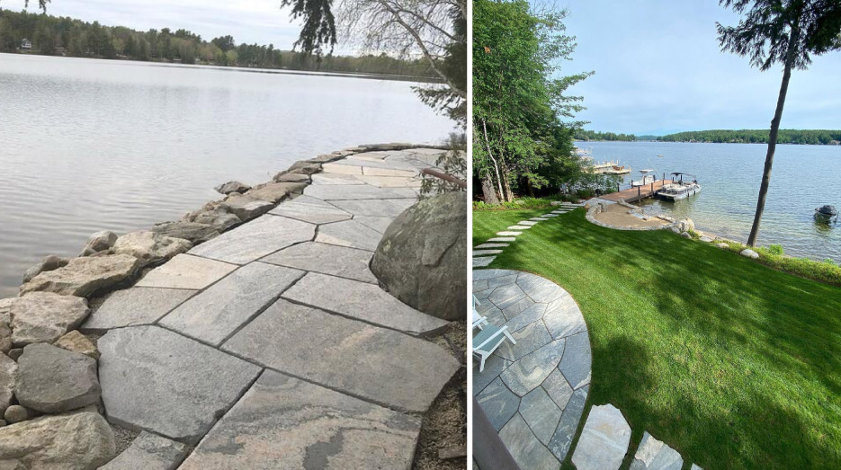 Left: Liberty Hill granite walkway installed by Green Monster Landscapes, New Hampshire.     Right: Patio and flagstone provided by The Rockshop at New Hampshire Thinstone, with design by Stephens Landscaping. 