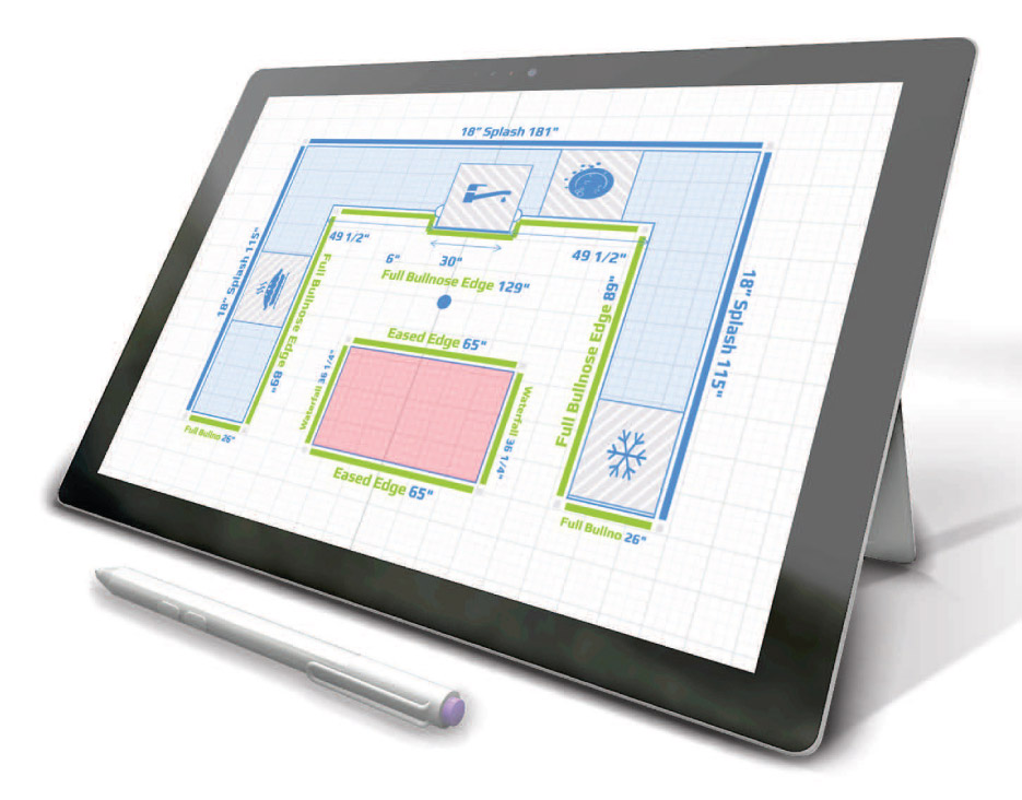 The integrated Square Foot Calculator makes it easy to draw out and measure countertop space for quoting purposes. 