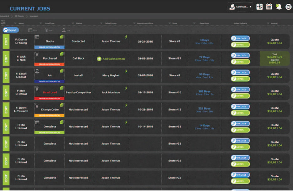 The backend CRM allows tracking of leads and jobs, from quote to completion.
