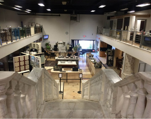 Once customers get in the Colonial Marble and Granite main showroom in King of Prussia, PA, besides the interactive kiosk,  they are surrounded by a wide array of real samples that customers can see and touch. An incredible marble staircase leads to the second floor of the showroom. 