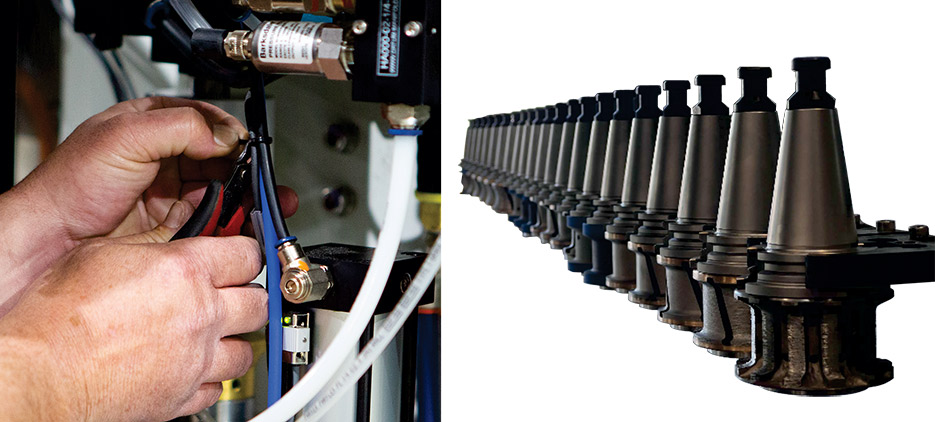 Left: Maintenance made easy! You can access the PALADIN’s main components by simply lifting its hood.  Right: The PALADIN comes standard with 44 position tool holders.