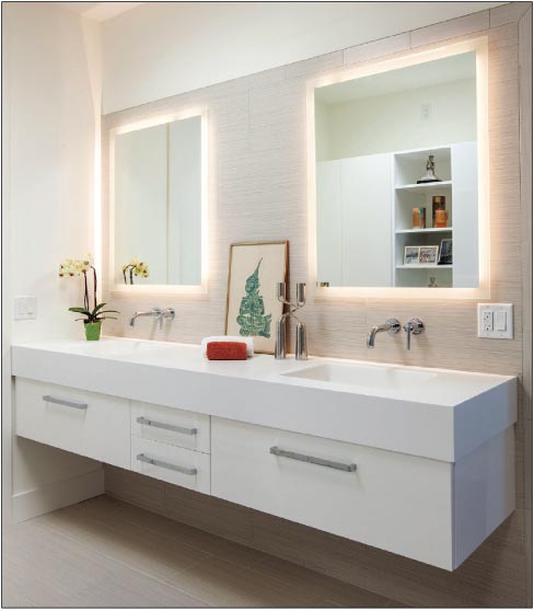 This floating quartz vanity features built-in double sinks with a contemporary flair.