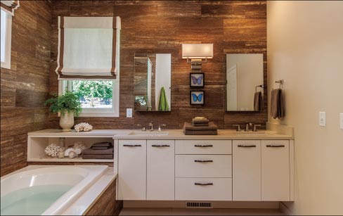 This master bath features large format cladding on walls and tub surround.