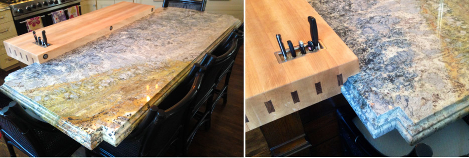 Custom cutout and joinery marries a butcher block prep table to this double laminated granite top.