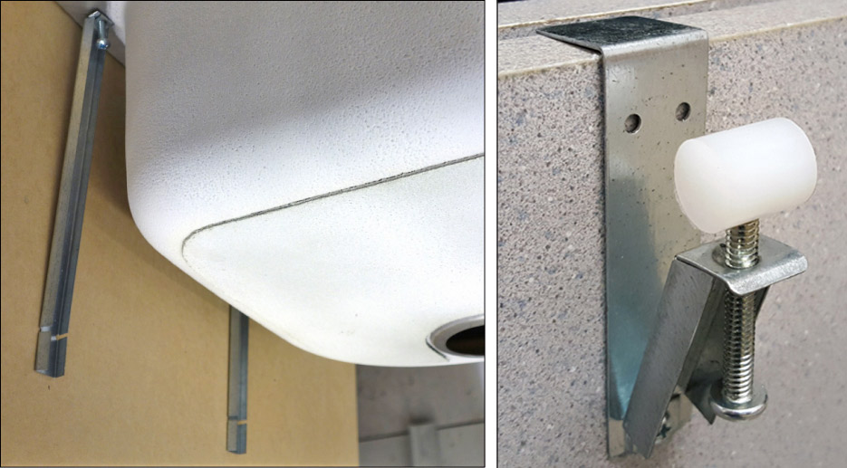 Above, left: LC Brackets, for undermount sink installation can be used for repairs or new installation.  Above, right: E-Brackets provide support without drilling anchor points.