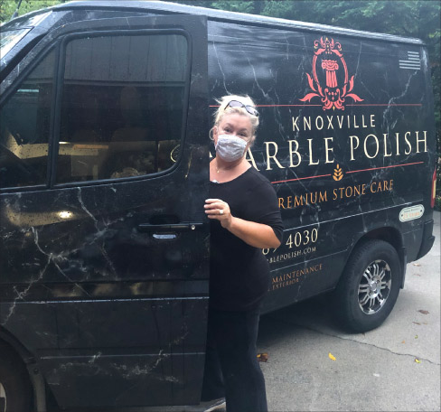 Julie Murrell heading off to work a restoration job.  Over the past few months there has been a big demand for marble restoration in both the residential and commercial markets.