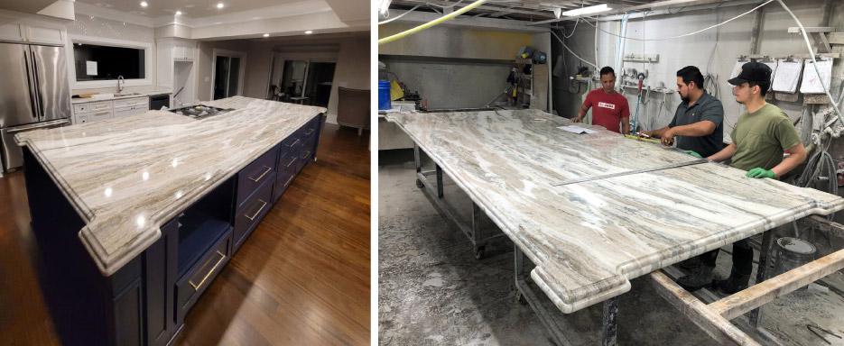 Installed full slab kitchen island. The fabrication team makes a quality check and takes measurements before programming 