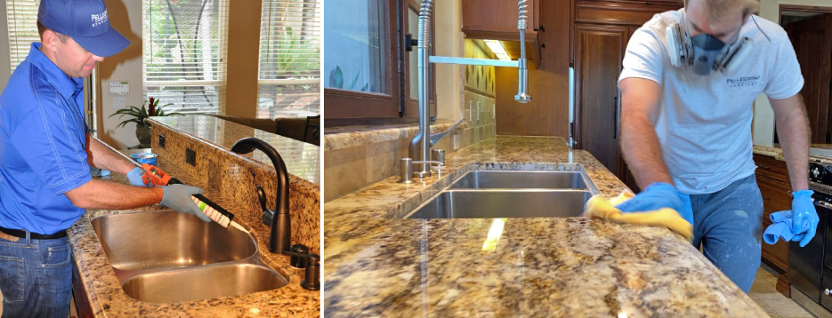 Left: After reinstalling the sink, expert caulking and sealing is key to preventing future failures.   Right: Final edge cleanup and after repolishing the restored outer sink border leaves the countertop looking better than newly installed.