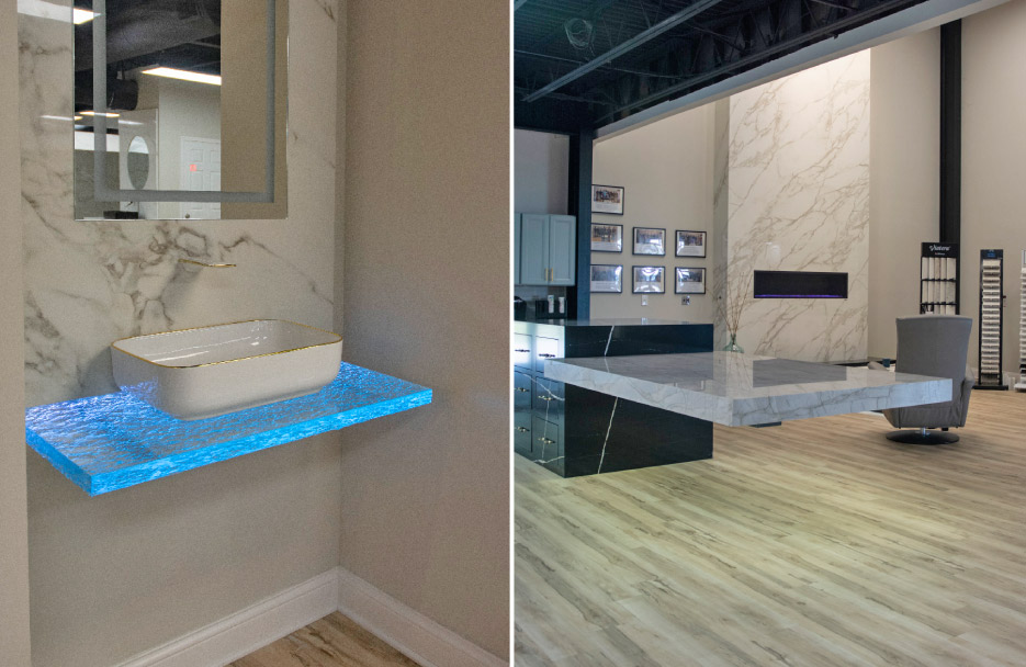 LED-lit floating glass vanity top with a porcelain vessel sink. Brown has plans to bring the manufacturing tech in-house to make glass tops like this one.