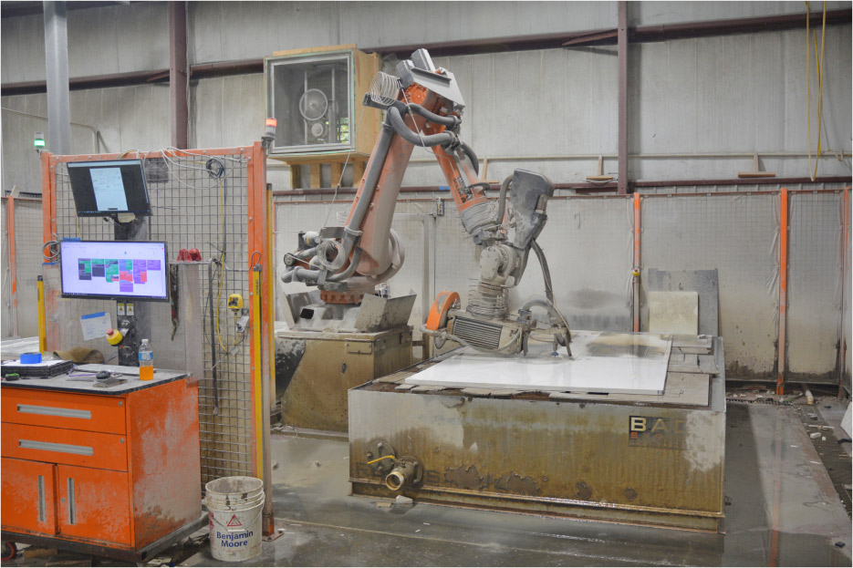 “We love our 2-table BACA Robo Sawjet”  The new shop and equipment was planned around the capabilities and output of the Robo Sawjet, including a Farnese Lynx Bridge Saw and a BACA Miter-X, which sees a lot of use. Mitered tops and islands are a specialty of the shop.