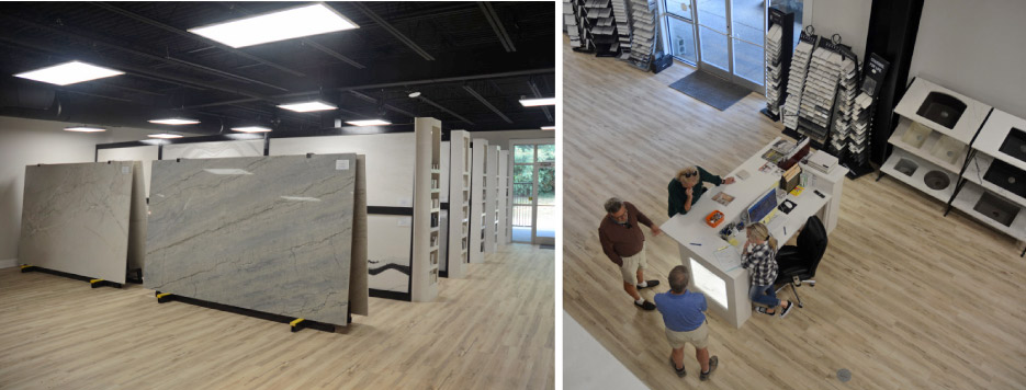 large display of materials in 40 by 90 inch samples, as well as four full-size quartzite slabs