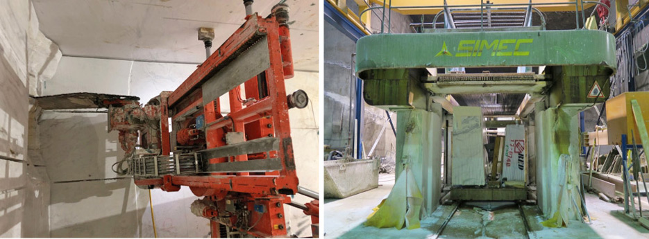 Above, left: Stone cutting machinery reminiscent of a huge chainsaw blade is used to extract blocks from the quarry walls. Above, right: Processing blocks into slabs occurs inside the mountain.