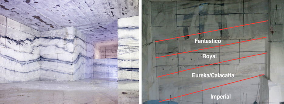 The layered deposition of Danby marble reveals a wealth of variations and colors, like the four distinct layers in this seam.