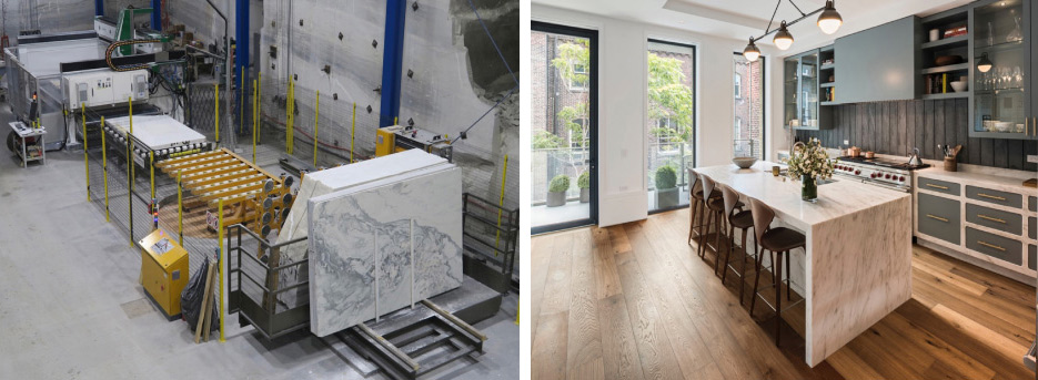 Above, left: Surface polishing slabs, inside the mountain.  Above, right: Imperial Danby is extremely popular for countertops.