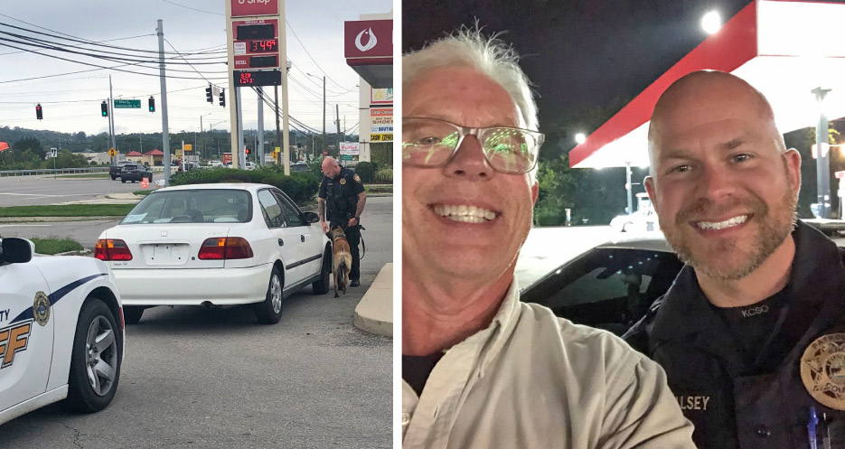  left: Patrol dog Knox applies his special training and alerts his partner something dangerous has been detected in the vehicle. right: Knox Co. Deputy Nick Halsey and his rookie ride-along, Bob.